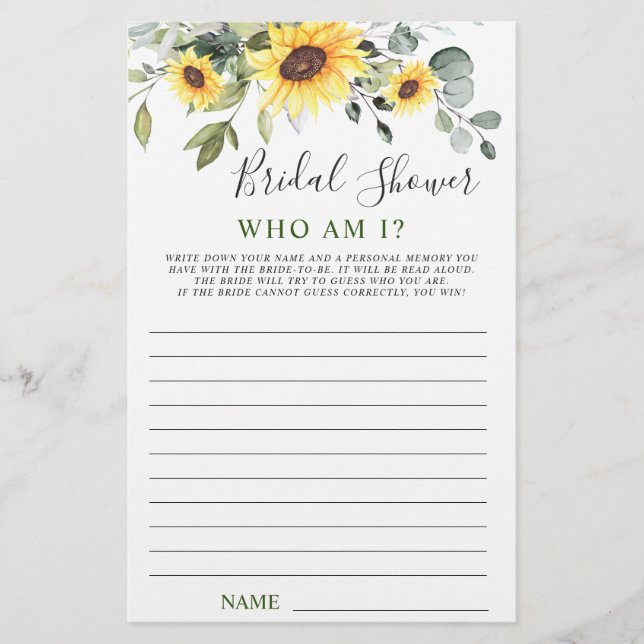 Elegant Sunflowers Eucalyptus Bridal Shower Game (Front)