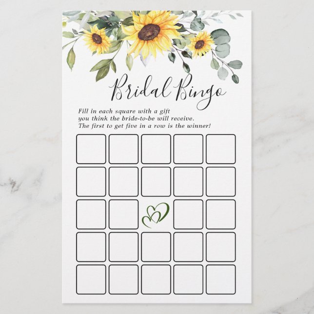 Elegant Sunflowers Eucalyptus Bridal Shower Game (Front)