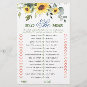 Elegant Sunflowers Eucalyptus Bridal Shower Game