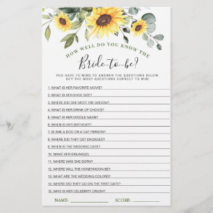 Elegant Sunflowers Eucalyptus Bridal Shower Game