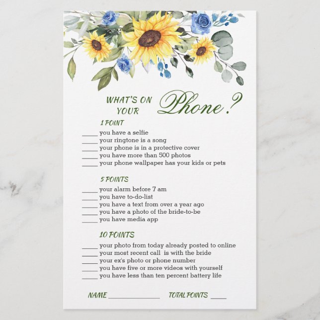 Elegant Sunflowers Eucalyptus Bridal Shower Game (Front)