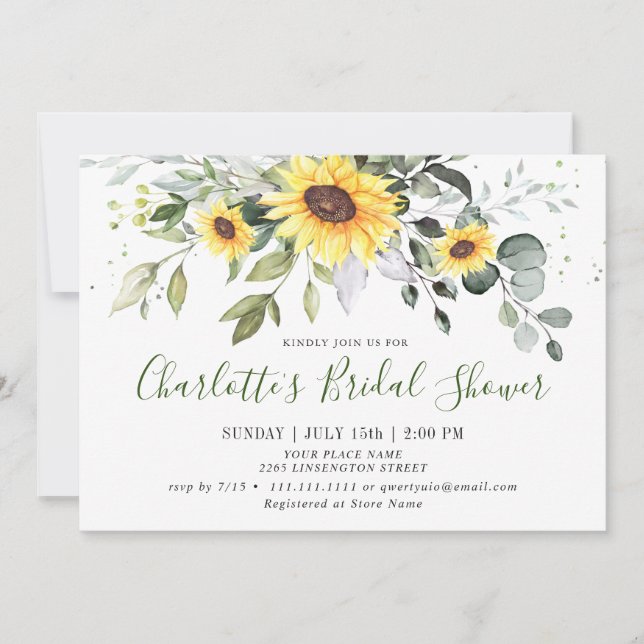 Elegant Sunflowers Eucalyptus Bridal Shower Invitation (Front)