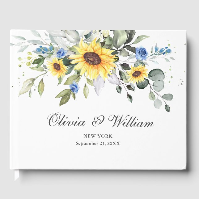 Elegant Sunflowers Eucalyptus Foliage Wedding Guest Book (Front)