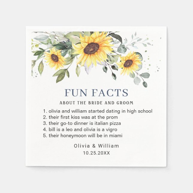 Elegant Sunflowers Eucalyptus Fun Facts Wedding Napkin (Front)