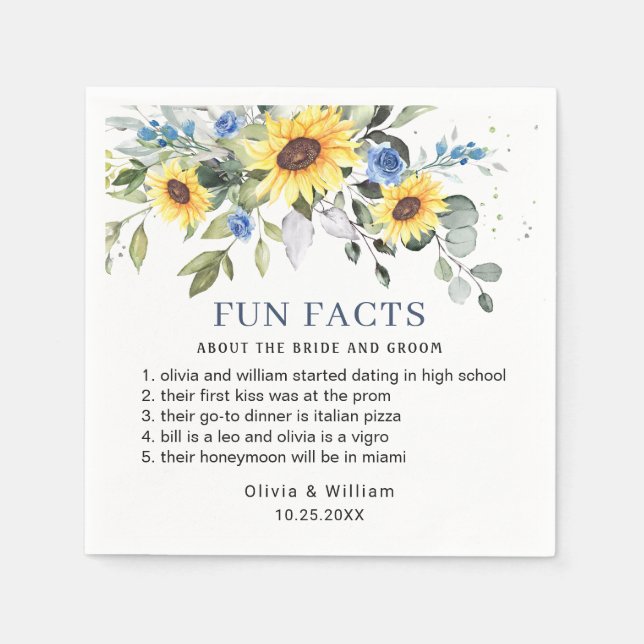 Elegant Sunflowers Eucalyptus Fun Facts Wedding Napkin (Front)