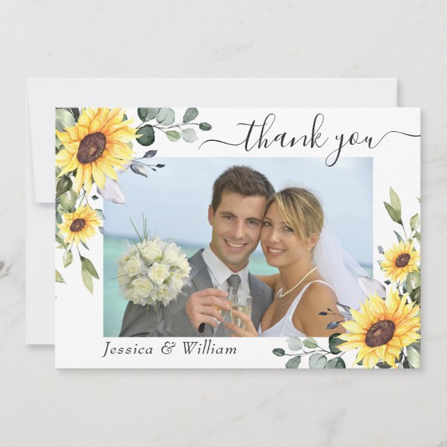 Elegant Sunflowers Eucalyptus Greenery PHOTO Thank You Card (Front)