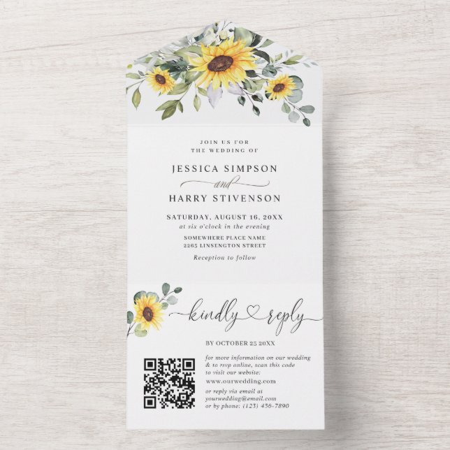 Elegant Sunflowers Eucalyptus Greenery Wedding All In One Invitation (Inside)