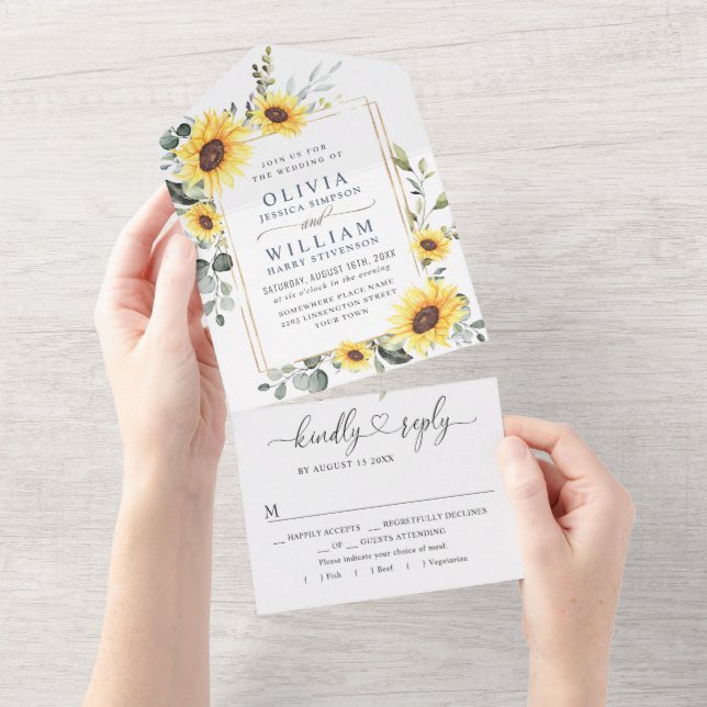 Elegant Sunflowers Eucalyptus Greenery Wedding All In One Invitation (Tearaway)