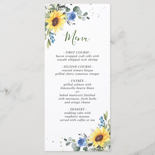 Elegant Sunflowers Eucalyptus Greenery Wedding Menu (Front)