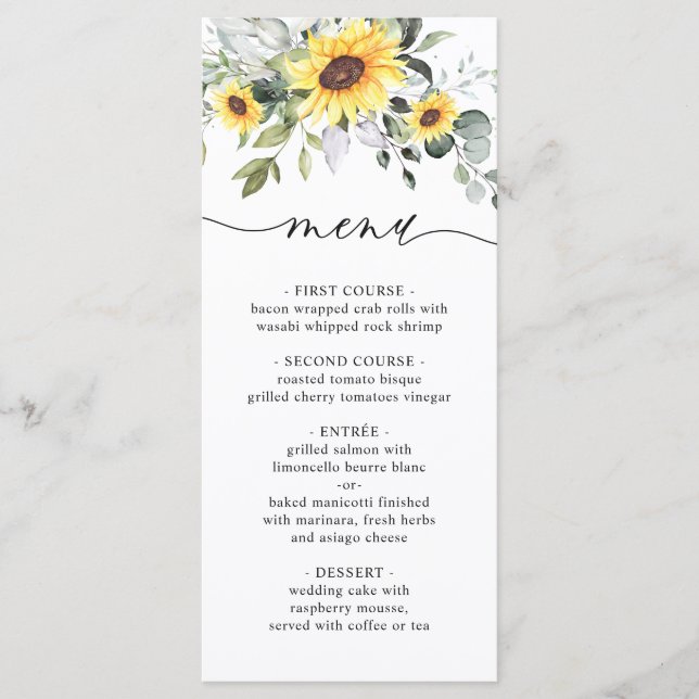 Elegant Sunflowers Eucalyptus Greenery Wedding Menu (Front)