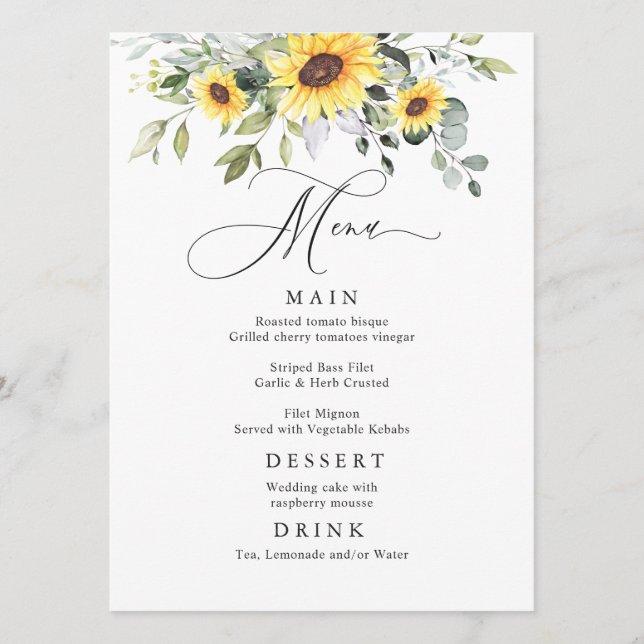 Elegant Sunflowers Eucalyptus Greenery Wedding Menu (Front)