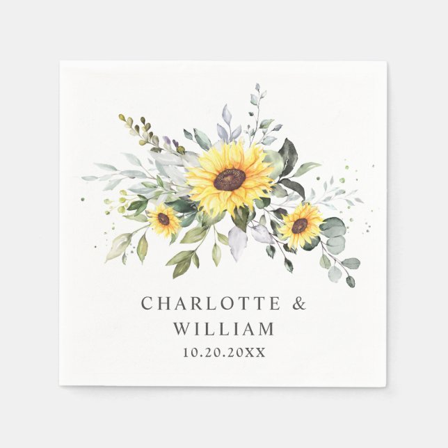 Elegant Sunflowers Eucalyptus Greenery Wedding Napkin (Front)