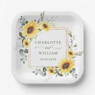 Elegant Sunflowers Eucalyptus Greenery Wedding Pap Paper Plate