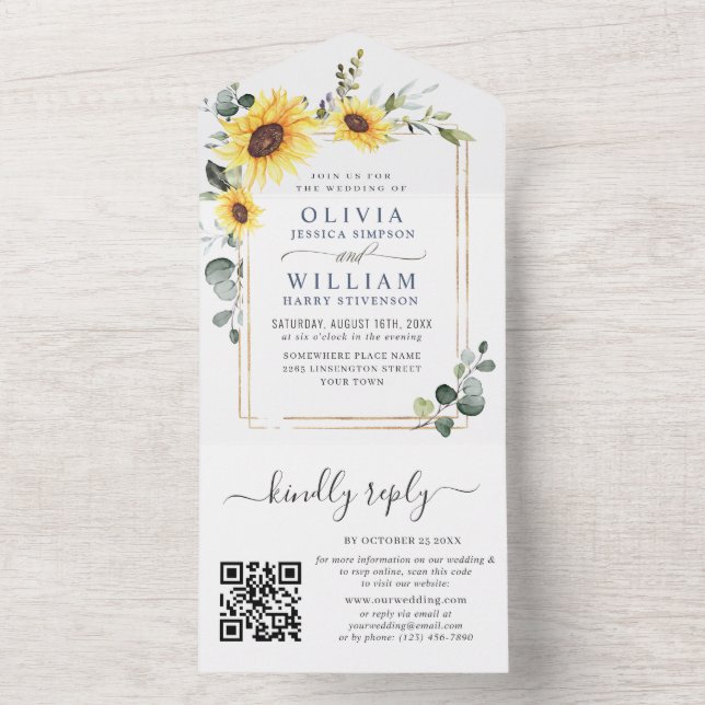 Elegant Sunflowers Eucalyptus Greenery Wedding QR All In One Invitation (Inside)