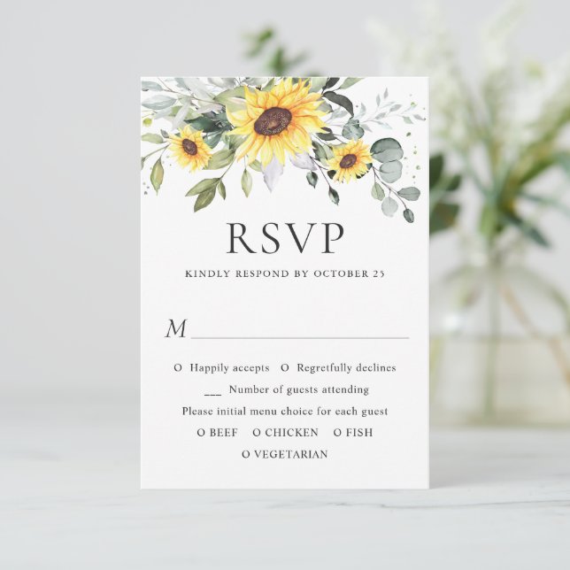Elegant Sunflowers Eucalyptus Greenery Wedding RSVP Card (Standing Front)