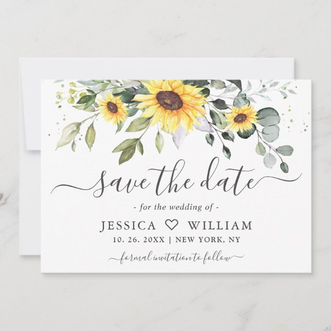 Elegant Sunflowers Eucalyptus Greenery Wedding Sav Save The Date (Front)