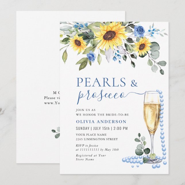 Elegant Sunflowers Eucalyptus PEARLS & Prosecco Invitation (Front/Back)