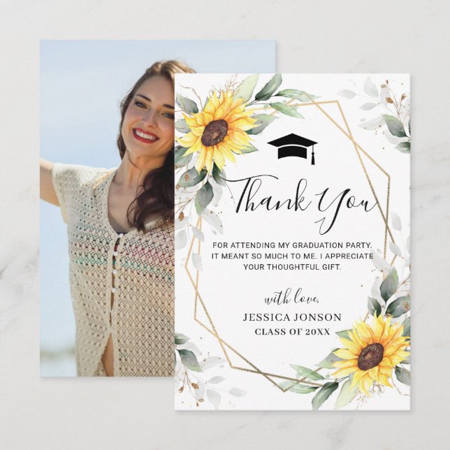 Elegant Sunflowers Eucalyptus Photo Graduation Thank You Card (Front/Back)
