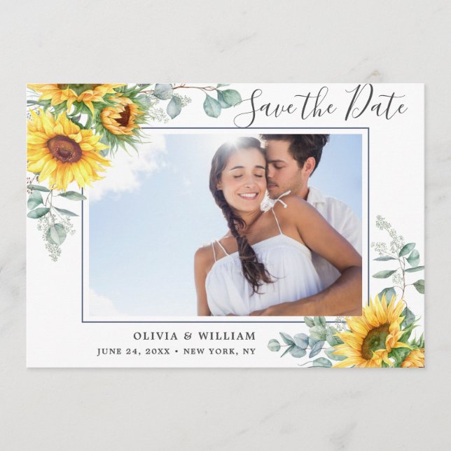 Elegant Sunflowers Eucalyptus PHOTO Wedding Save The Date (Front)