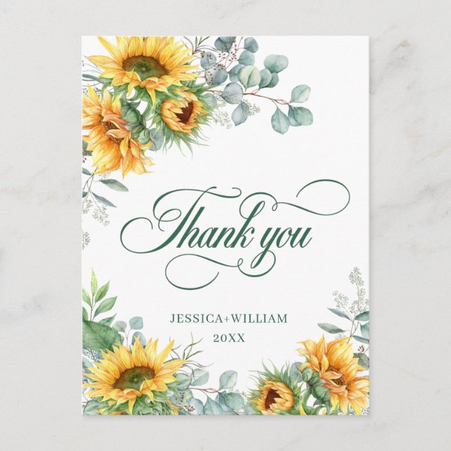 Elegant Sunflowers Eucalyptus Rustic Thank You Postcard (Front)