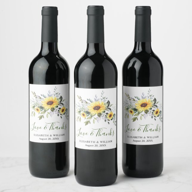 Elegant Sunflowers Eucalyptus Watercolor Greenery Wine Label (Bottles)