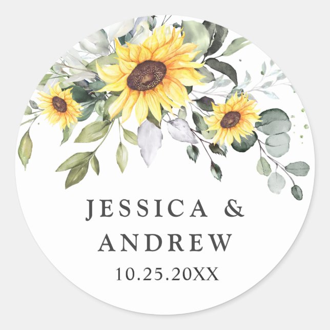 Elegant Sunflowers Eucalyptus Watercolor Wedding Classic Round Sticker (Front)