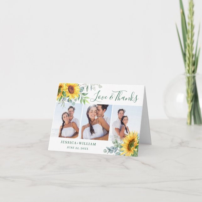 Elegant Sunflowers Eucalyptus Wedding 3 PHOTO Thank You Card (Front)