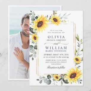 Elegant Sunflowers Eucalyptus Wedding Photo Invitation