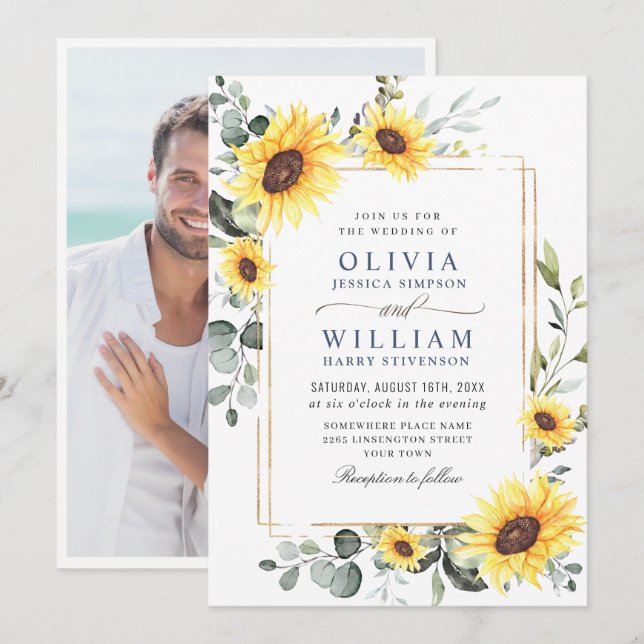Elegant Sunflowers Eucalyptus Wedding Photo Invitation (Front/Back)