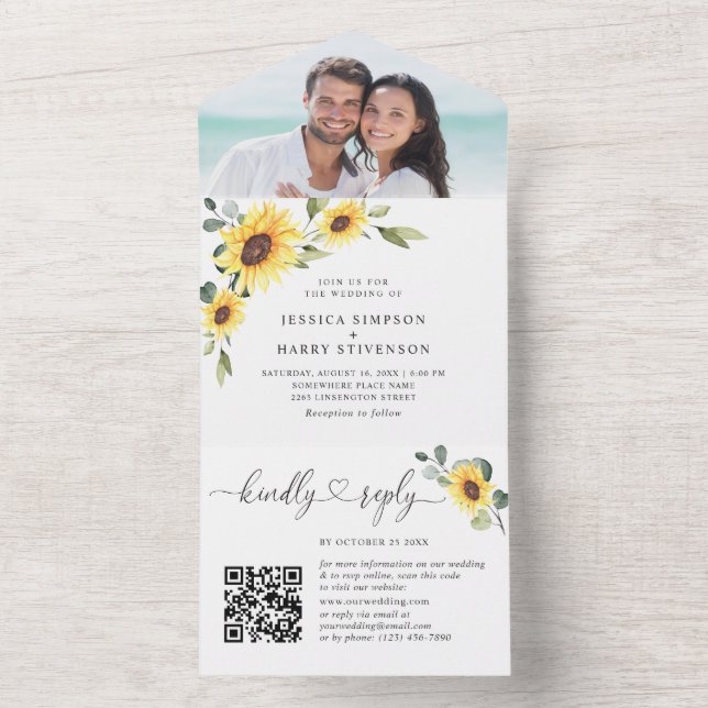 Elegant Sunflowers Eucalyptus Wedding QR code All In One Invitation (Inside)