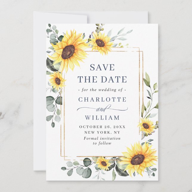 Elegant Sunflowers Eucalyptus Wedding QR Code Save The Date (Front)