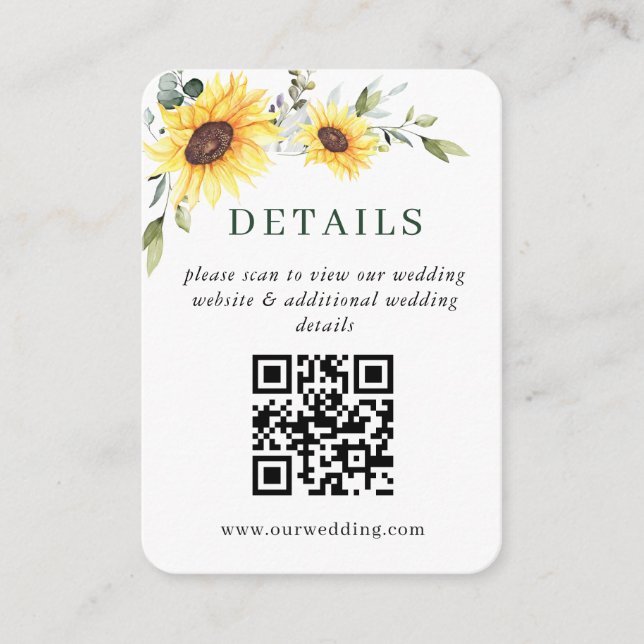 Elegant Sunflowers Eucalyptus Wedding QR DETAILS Enclosure Card (Front)