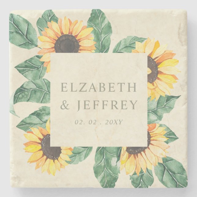 Elegant Sunflowers Garden Floral Wedding Stone Coaster (Front)
