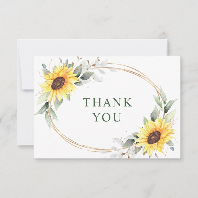 Elegant Sunflowers Greenery Floral Thank You Card (Front)
