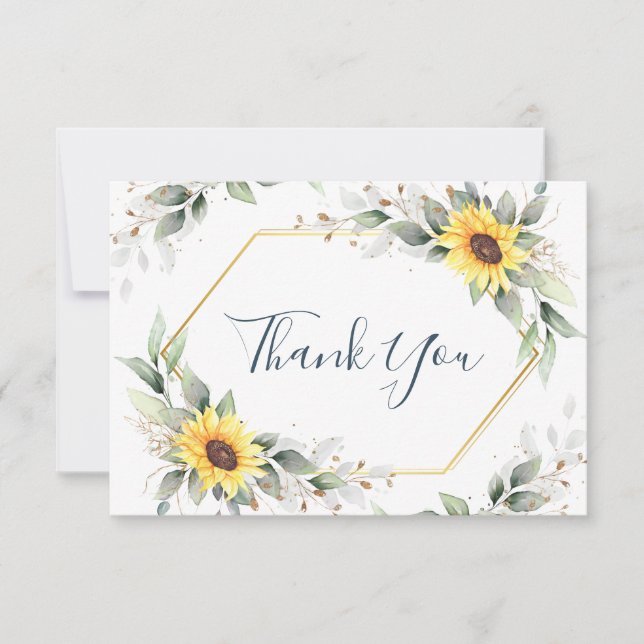 Elegant Sunflowers Greenery Floral Thank You Card (Front)