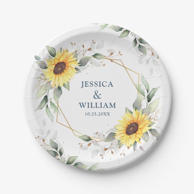 Elegant Sunflowers Greenery Floral Wedding Paper Plate (Front)