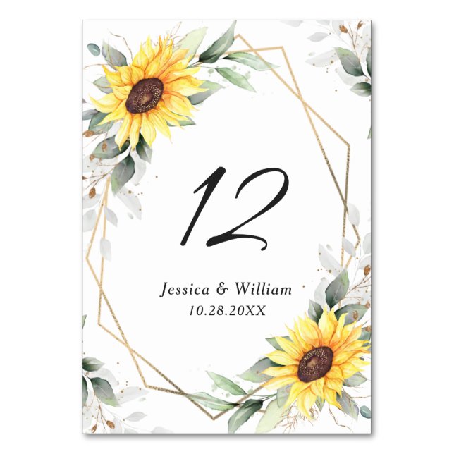 Elegant Sunflowers Greenery Floral Wedding Table Number (Front)
