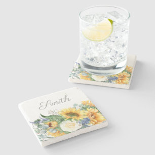 Elegant Sunflowers Greenery Script Name Stone Coaster