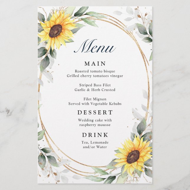 Elegant Sunflowers Greenery Wedding Dinner Menu (Front)