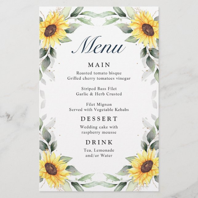 Elegant Sunflowers Greenery Wedding Dinner Menu (Front)