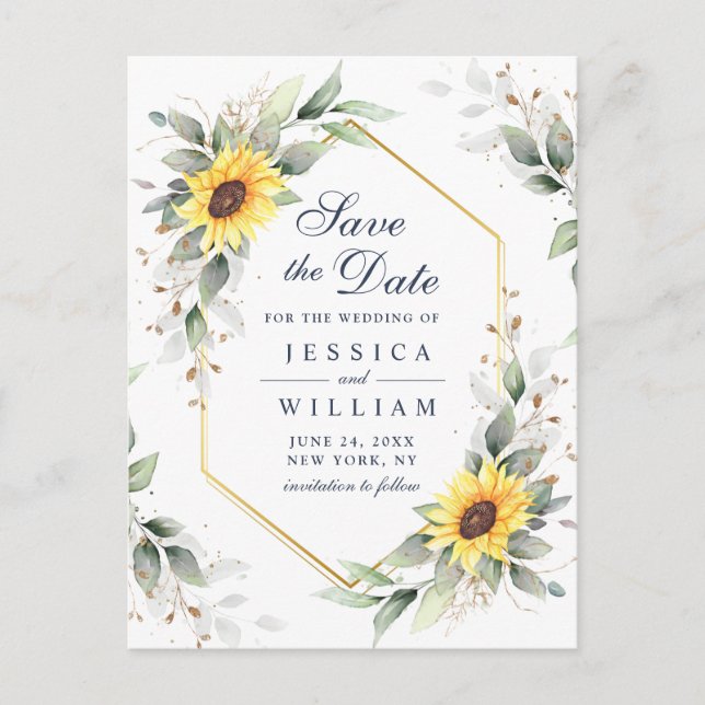 Elegant Sunflowers Greenery Wedding Save the Date Postcard (Front)