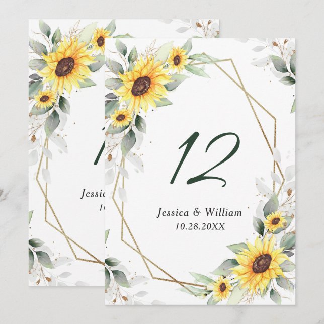 Elegant Sunflowers Greenery Wedding Table Number (Front/Back)