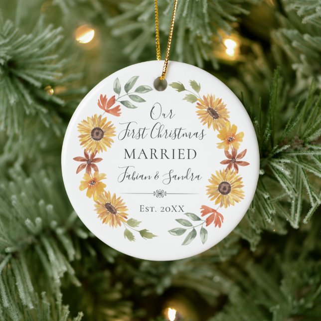 Elegant Sunflowers Our First Christmas Married Ceramic Ornament (Tree)