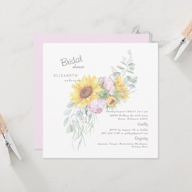 Elegant Sunflowers Pink Peony Bridal Square Invita Invitation (Front/Back In Situ)