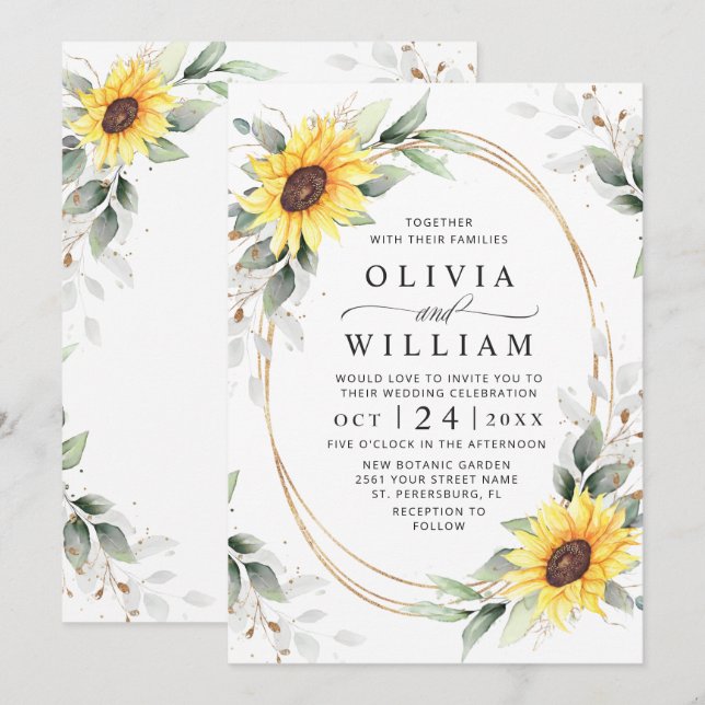 Elegant Sunflowers Watercolor Greenery Wedding Invitation (Front/Back)