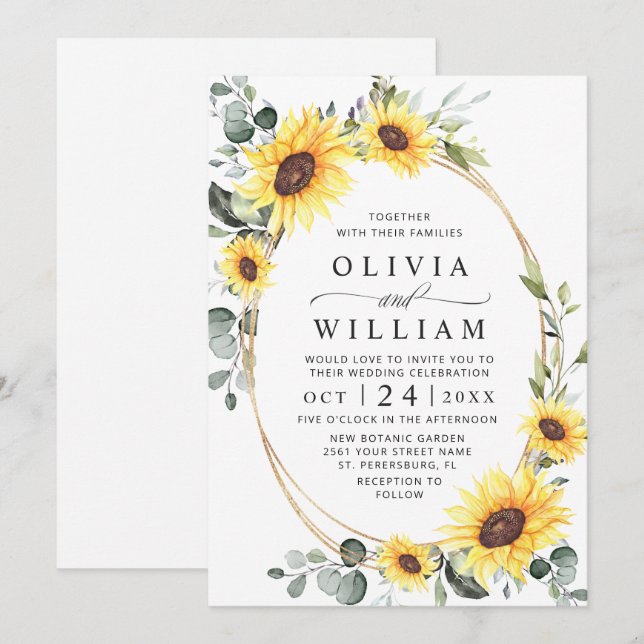 Elegant Sunflowers Watercolor Greenery Wedding Invitation (Front/Back)