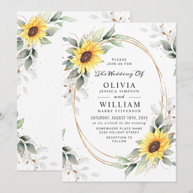Elegant Sunflowers Watercolor Greenery Wedding Invitation (Front/Back)