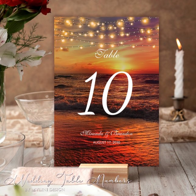 Elegant Sunset Beach Lights Summer Wedding Table Number (Creator Uploaded)