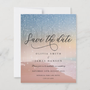 Elegant sunset beach lights wedding Save the date