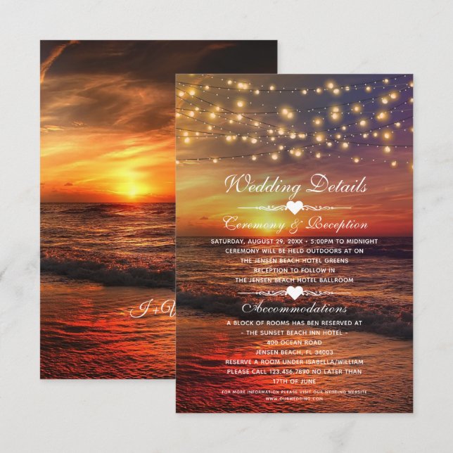 Elegant Sunset Beach Mariage d'été Détails Carte (Devant / Derrière)